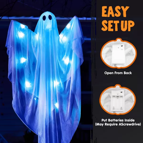 JOYIN 355 Halloween Hanging Light up Ghost with Purple LED Light 2 Pcs White Hanging Ghosts Decoration Halloween Hanging Ghost for Haunted House Prop Party Supplies Front Yard Patio Garden DecorBlue Ghosts