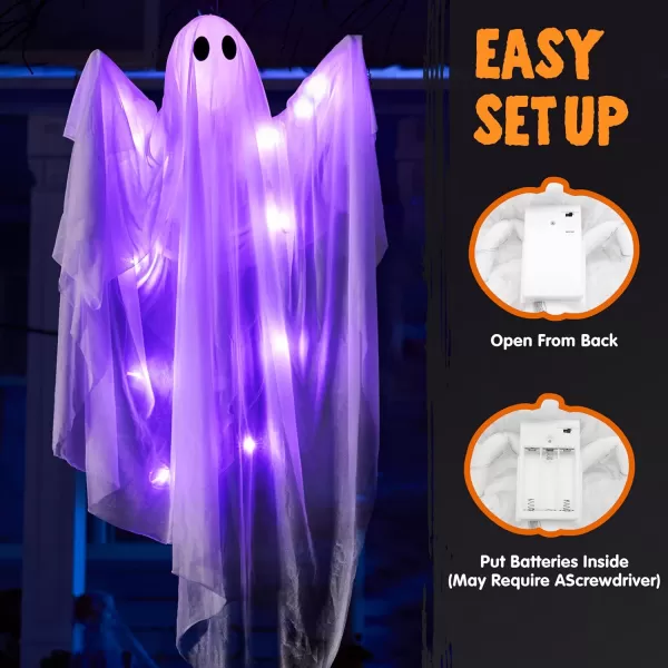 JOYIN 355 Halloween Hanging Light up Ghost with Purple LED Light 2 Pcs White Hanging Ghosts Decoration Halloween Hanging Ghost for Haunted House Prop Party Supplies Front Yard Patio Garden DecorPurple Ghosts
