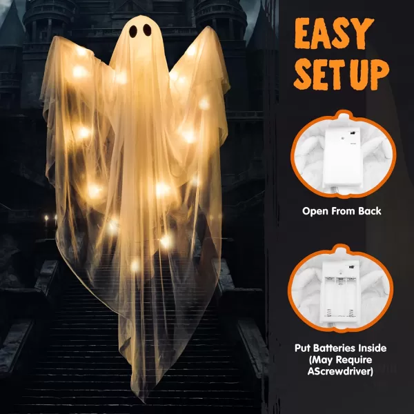 JOYIN 355 Halloween Hanging Light up Ghost with Purple LED Light 2 Pcs White Hanging Ghosts Decoration Halloween Hanging Ghost for Haunted House Prop Party Supplies Front Yard Patio Garden DecorWarm White Ghosts