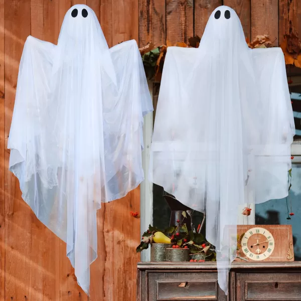 JOYIN 355 Halloween Hanging Light up Ghost with Purple LED Light 2 Pcs White Hanging Ghosts Decoration Halloween Hanging Ghost for Haunted House Prop Party Supplies Front Yard Patio Garden DecorWarm White Ghosts