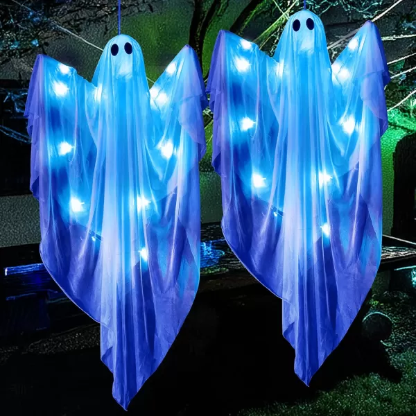 JOYIN 355 Halloween Hanging Light up Ghost with Purple LED Light 2 Pcs White Hanging Ghosts Decoration Halloween Hanging Ghost for Haunted House Prop Party Supplies Front Yard Patio Garden DecorBlue Ghosts
