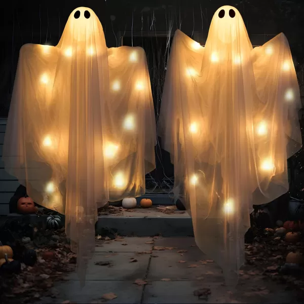 JOYIN 355 Halloween Hanging Light up Ghost with Purple LED Light 2 Pcs White Hanging Ghosts Decoration Halloween Hanging Ghost for Haunted House Prop Party Supplies Front Yard Patio Garden DecorWarm White Ghosts