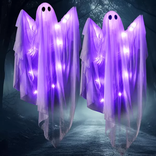 JOYIN 355 Halloween Hanging Light up Ghost with Purple LED Light 2 Pcs White Hanging Ghosts Decoration Halloween Hanging Ghost for Haunted House Prop Party Supplies Front Yard Patio Garden DecorPurple Ghosts