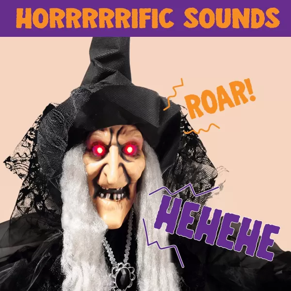 JOYIN 47 Animated Witch Halloween Decorations Outdoor Indoor Witch Decor Scary Halloween Animatronics Hanging Talking Witch Sound Activated Led Lights Eyes Haunted House Yard Garden Lawn