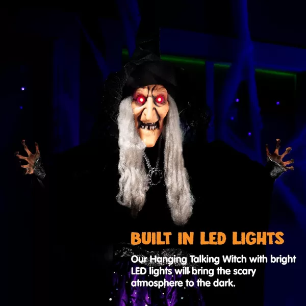 JOYIN 47 Animated Witch Halloween Decorations Outdoor Indoor Witch Decor Scary Halloween Animatronics Hanging Talking Witch Sound Activated Led Lights Eyes Haunted House Yard Garden Lawn