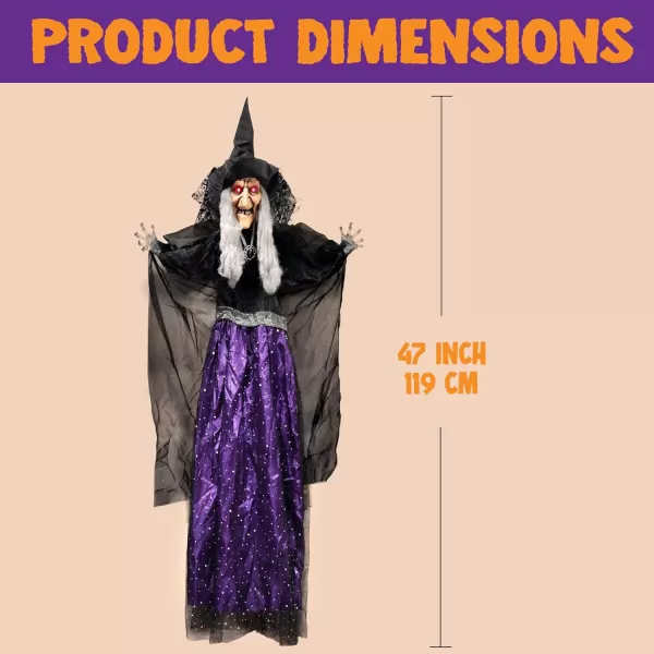 JOYIN 47 Animated Witch Halloween Decorations Outdoor Indoor Witch Decor Scary Halloween Animatronics Hanging Talking Witch Sound Activated Led Lights Eyes Haunted House Yard Garden Lawn
