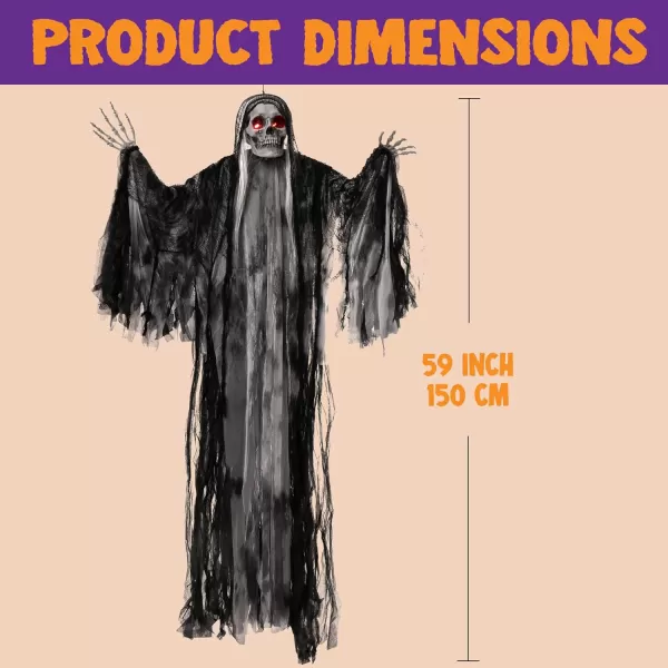 JOYIN 59 Halloween Animated Hanging Grim Reaper Decorations with Glowing Eyes and Creepy Sound Halloween Skeleton Ghost Decorations for Haunted House Prop Decor OutdoorIndoor Lawn Decorations