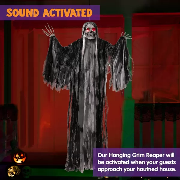 JOYIN 59 Halloween Animated Hanging Grim Reaper Decorations with Glowing Eyes and Creepy Sound Halloween Skeleton Ghost Decorations for Haunted House Prop Decor OutdoorIndoor Lawn Decorations