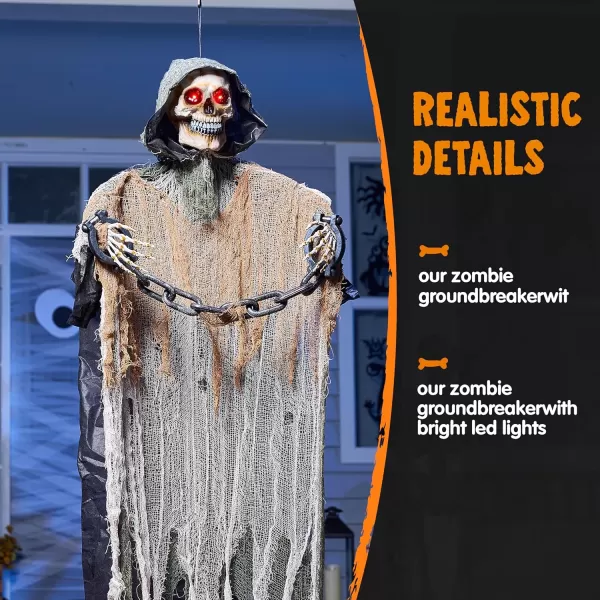 JOYIN 67 Halloween Animatronics Decorations Outdoor Hanging Grim Reaper Animated Hanging Skeleton Ghost with Chain ampamp Lighted Eyes ampamp Sound Activated ampamp Shoulder Swing for Yard Prop Lawn Decoration