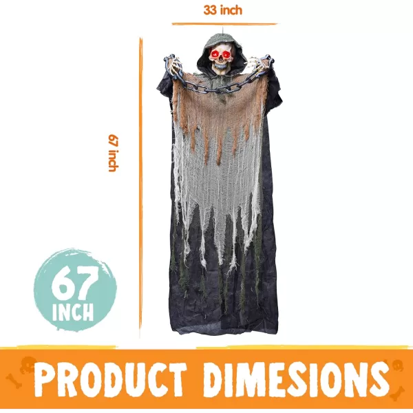 JOYIN 67 Halloween Animatronics Decorations Outdoor Hanging Grim Reaper Animated Hanging Skeleton Ghost with Chain ampamp Lighted Eyes ampamp Sound Activated ampamp Shoulder Swing for Yard Prop Lawn Decoration