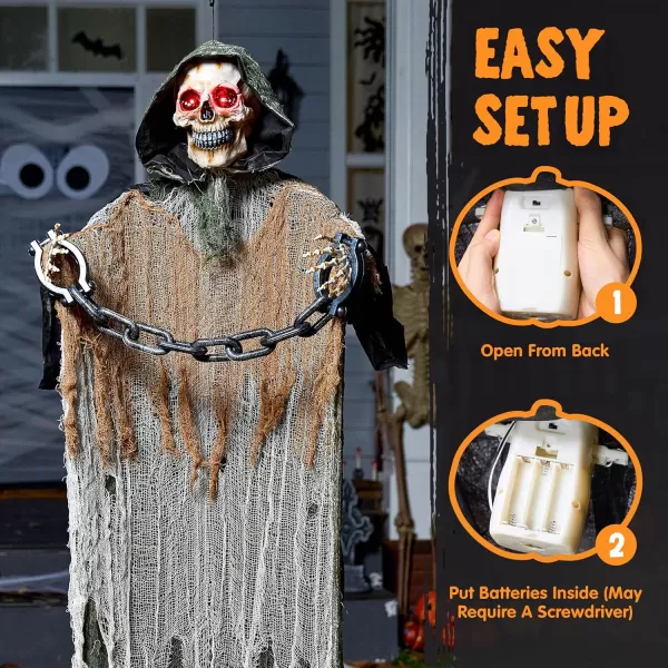 JOYIN 67 Halloween Animatronics Decorations Outdoor Hanging Grim Reaper Animated Hanging Skeleton Ghost with Chain ampamp Lighted Eyes ampamp Sound Activated ampamp Shoulder Swing for Yard Prop Lawn Decoration