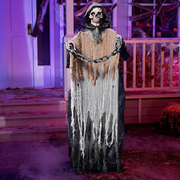 JOYIN 67 Halloween Animatronics Decorations Outdoor Hanging Grim Reaper Animated Hanging Skeleton Ghost with Chain ampamp Lighted Eyes ampamp Sound Activated ampamp Shoulder Swing for Yard Prop Lawn Decoration