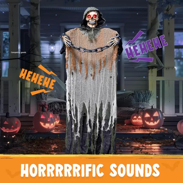 JOYIN 67 Halloween Animatronics Decorations Outdoor Hanging Grim Reaper Animated Hanging Skeleton Ghost with Chain ampamp Lighted Eyes ampamp Sound Activated ampamp Shoulder Swing for Yard Prop Lawn Decoration