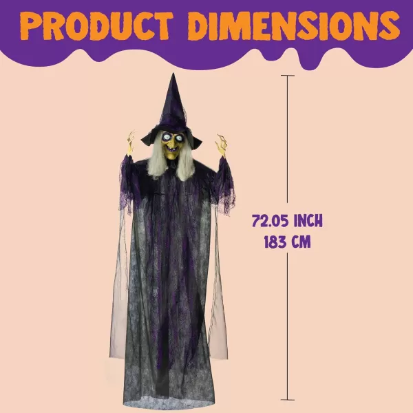 JOYIN 72 Hanging Witch Decor Halloween Decorations Indoor Talking Halloween Witch on Broom Light Up Witch Decoration Green Eyes Sound Activation Haunted House Party Supplies Prop Dcor Old WorldOld World