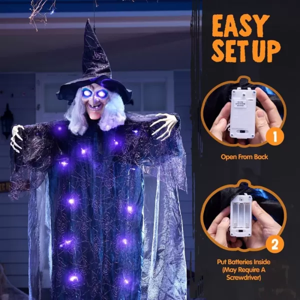 JOYIN 72 Hanging Witch Decor Halloween Decorations Indoor Talking Halloween Witch on Broom Light Up Witch Decoration Green Eyes Sound Activation Haunted House Party Supplies Prop Dcor Old WorldModern