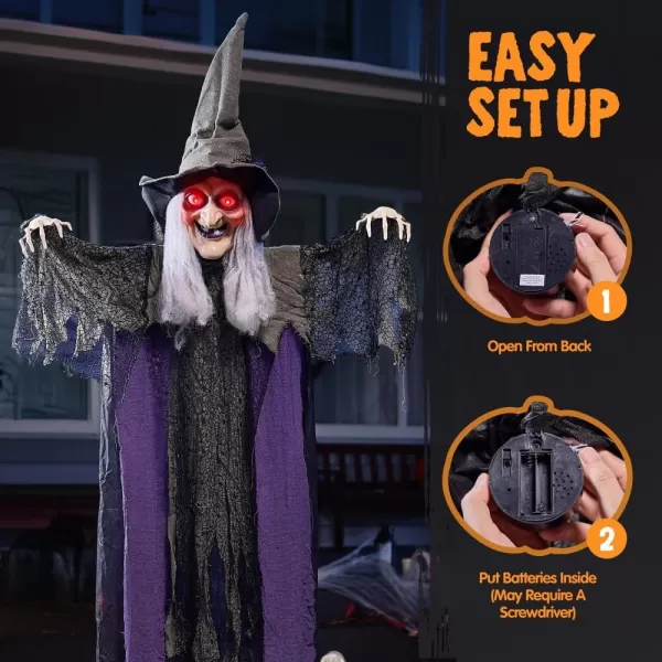 JOYIN 84 Hanging Talking Witch Halloween Decorations Outdoor Decor Standing Flying Hover Witch Halloween Party Supplies Light Up Eyes Haunted House Front Porch Gard Yard Lawn