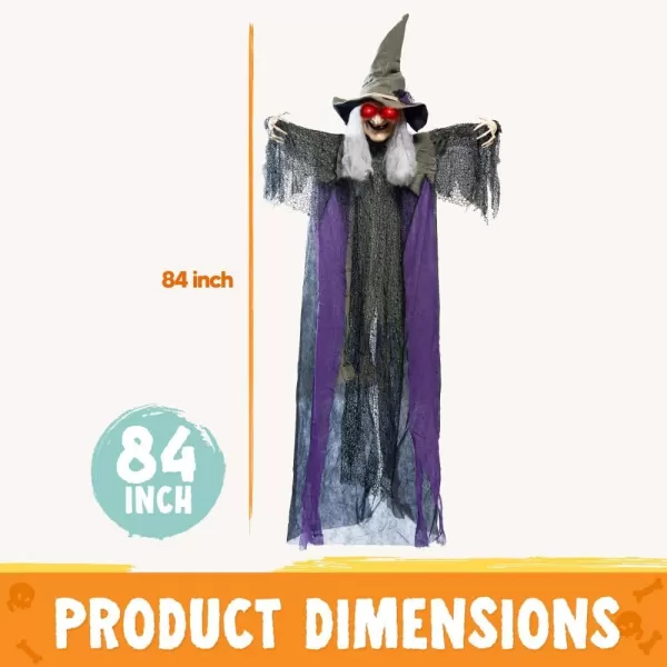 JOYIN 84 Hanging Talking Witch Halloween Decorations Outdoor Decor Standing Flying Hover Witch Halloween Party Supplies Light Up Eyes Haunted House Front Porch Gard Yard Lawn