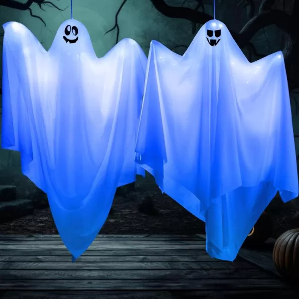 JOYIN 2 PCS Halloween Decorations Outdoor Lights Hanging Ghost With Blue LED Lights 354quot Halloween Light Up Decor Hanging Flying Ghost for Halloween Outdoor Yard Tree Porch Haunted House DecorationBlue Ghosts
