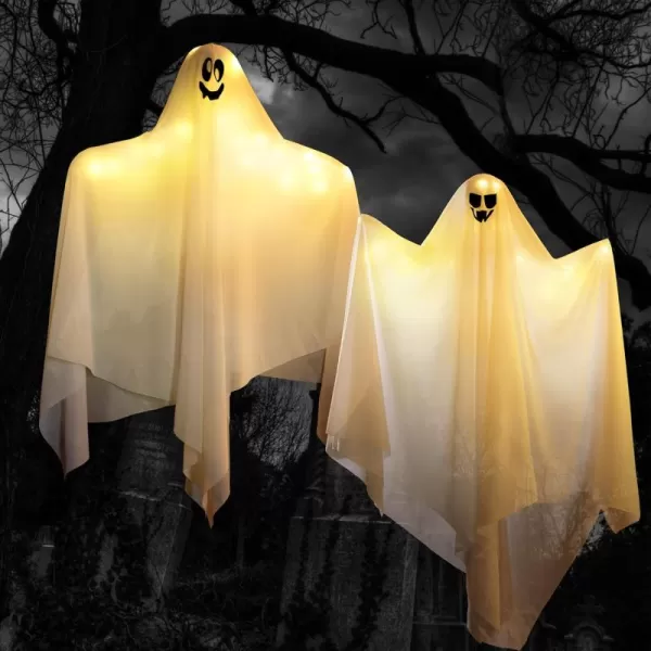 JOYIN 2 PCS Halloween Decorations Outdoor Lights Hanging Ghost With Blue LED Lights 354quot Halloween Light Up Decor Hanging Flying Ghost for Halloween Outdoor Yard Tree Porch Haunted House DecorationYellow Ghosts