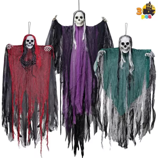 JOYIN 3 Pcs Halloween Decorations Outdoor Hanging Grim Reaper Halloween Skeleton Ghosts Purple 53 Red and Green 315quot Graveyard Decor for Yard Patio Prop Lawn Garden Party Supplies Dcor