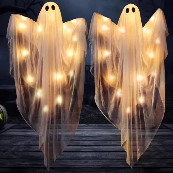 JOYIN 355 Halloween Hanging Light up Ghost with Purple LED Light 2 Pcs White Hanging Ghosts Decoration Halloween Hanging Ghost for Haunted House Prop Party Supplies Front Yard Patio Garden DecorWarm White Ghosts