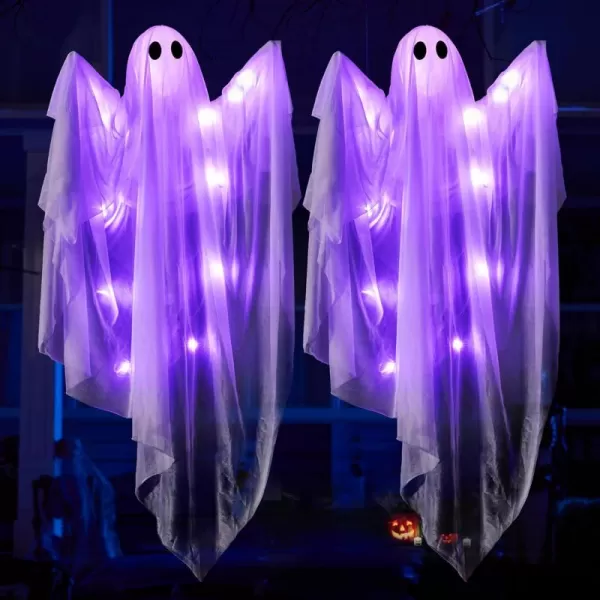 JOYIN 355 Halloween Hanging Light up Ghost with Purple LED Light 2 Pcs White Hanging Ghosts Decoration Halloween Hanging Ghost for Haunted House Prop Party Supplies Front Yard Patio Garden DecorPurple Ghosts