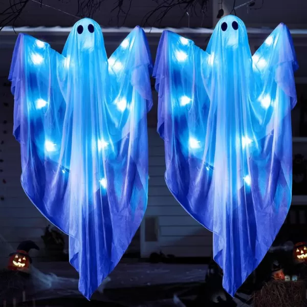 JOYIN 355 Halloween Hanging Light up Ghost with Purple LED Light 2 Pcs White Hanging Ghosts Decoration Halloween Hanging Ghost for Haunted House Prop Party Supplies Front Yard Patio Garden DecorBlue Ghosts