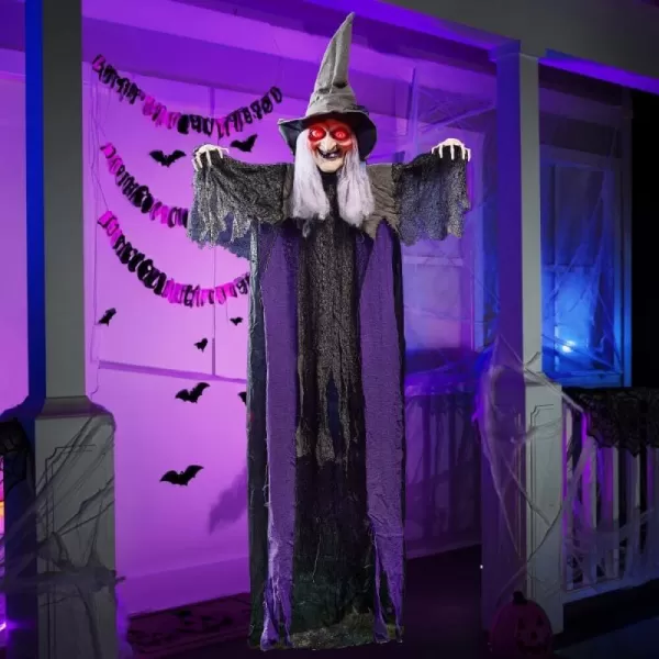 JOYIN 84 Hanging Talking Witch Halloween Decorations Outdoor Decor Standing Flying Hover Witch Halloween Party Supplies Light Up Eyes Haunted House Front Porch Gard Yard Lawn