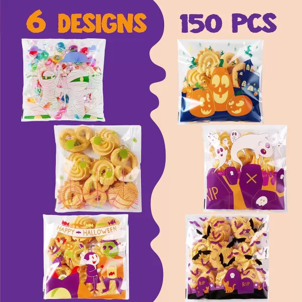 JOYIN 150 PCS Halloween Cellophane Treat Bags Halloween Clear Selfadhesive Candy Bags Halloween Plastic Cookie Bags for Trick or Treat Halloween Goodie Bags for Party Favor SuppliesMulticolor