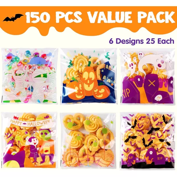 JOYIN 150 PCS Halloween Cellophane Treat Bags Halloween Clear Selfadhesive Candy Bags Halloween Plastic Cookie Bags for Trick or Treat Halloween Goodie Bags for Party Favor SuppliesMulticolor