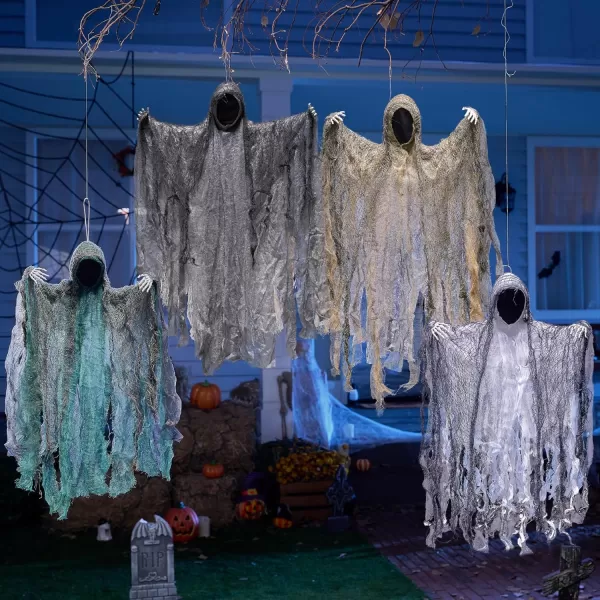 JOYIN 4 Pack 19 Halloween Hanging Ghost Decoration Outdoor Faceless Grim Reaper Set with Posable Arms in Dark Horror Robe for Halloween Party Decorations Tree Yard Patio Haunted House Decor