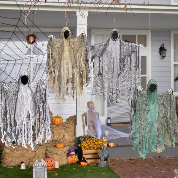 JOYIN 4 Pack 19 Halloween Hanging Ghost Decoration Outdoor Faceless Grim Reaper Set with Posable Arms in Dark Horror Robe for Halloween Party Decorations Tree Yard Patio Haunted House Decor