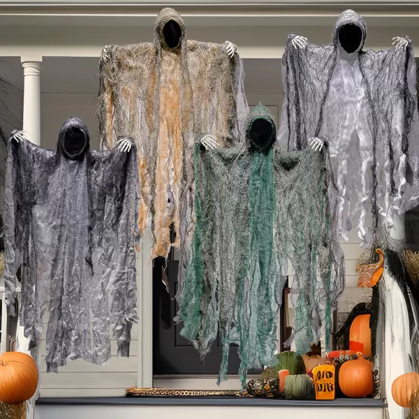 JOYIN 4 Pack 19 Halloween Hanging Ghost Decoration Outdoor Faceless Grim Reaper Set with Posable Arms in Dark Horror Robe for Halloween Party Decorations Tree Yard Patio Haunted House Decor