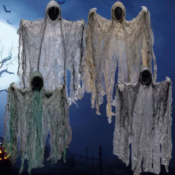 JOYIN 4 Pack 19 Halloween Hanging Ghost Decoration Outdoor Faceless Grim Reaper Set with Posable Arms in Dark Horror Robe for Halloween Party Decorations Tree Yard Patio Haunted House Decor