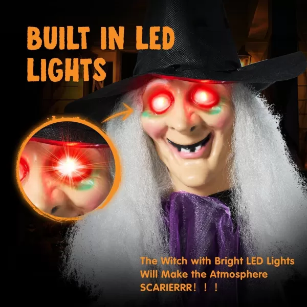 JOYIN 41 Hanging Witch Halloween Decorations Outdoor Animated Flying Witch Halloween Decor on Broom Kicking Legs Haunted House Front Porch Sound Activated Light Up Eyes Garden Yard Halloween Party
