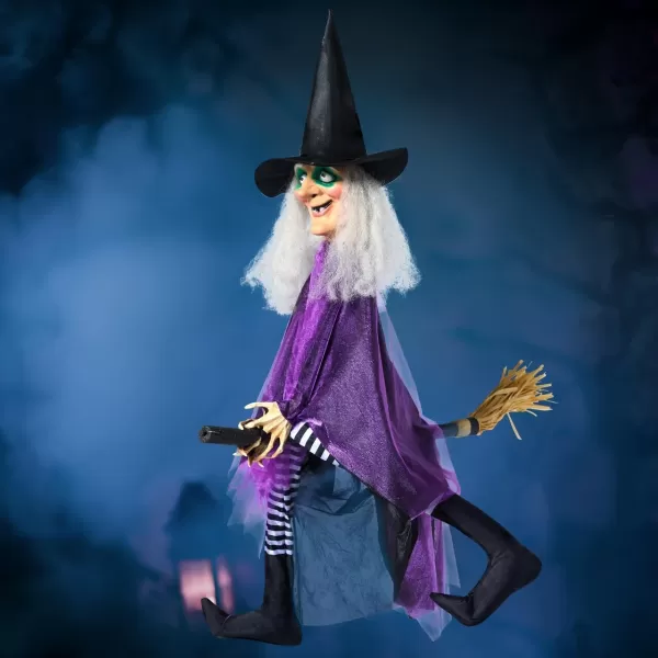 JOYIN 41 Hanging Witch Halloween Decorations Outdoor Animated Flying Witch Halloween Decor on Broom Kicking Legs Haunted House Front Porch Sound Activated Light Up Eyes Garden Yard Halloween Party