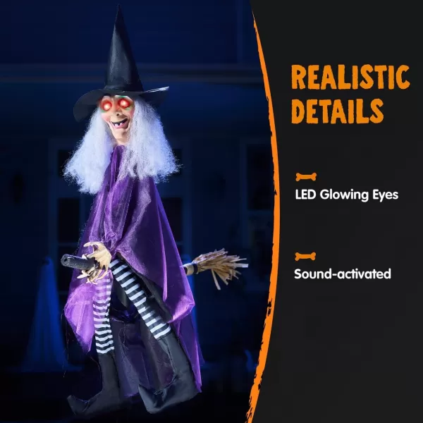 JOYIN 41 Hanging Witch Halloween Decorations Outdoor Animated Flying Witch Halloween Decor on Broom Kicking Legs Haunted House Front Porch Sound Activated Light Up Eyes Garden Yard Halloween Party