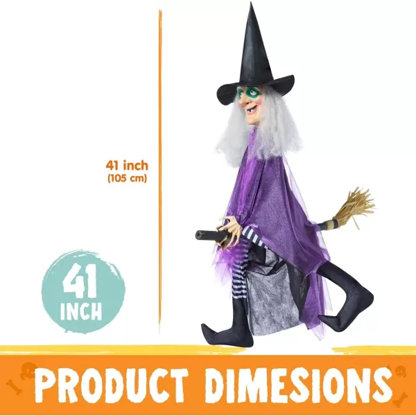 JOYIN 41 Hanging Witch Halloween Decorations Outdoor Animated Flying Witch Halloween Decor on Broom Kicking Legs Haunted House Front Porch Sound Activated Light Up Eyes Garden Yard Halloween Party