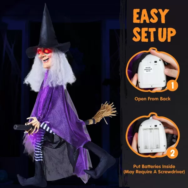JOYIN 41 Hanging Witch Halloween Decorations Outdoor Animated Flying Witch Halloween Decor on Broom Kicking Legs Haunted House Front Porch Sound Activated Light Up Eyes Garden Yard Halloween Party