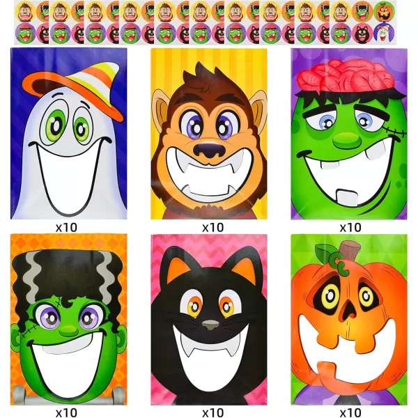 JOYIN 60 PCS Halloween Treat Bags with Transparent Clear Window Halloween Candy Bags in 6 Designs with Stickers Halloween Goodie Gift Bags Halloween SeeThrough Trick or Treat Bags for Party Favors