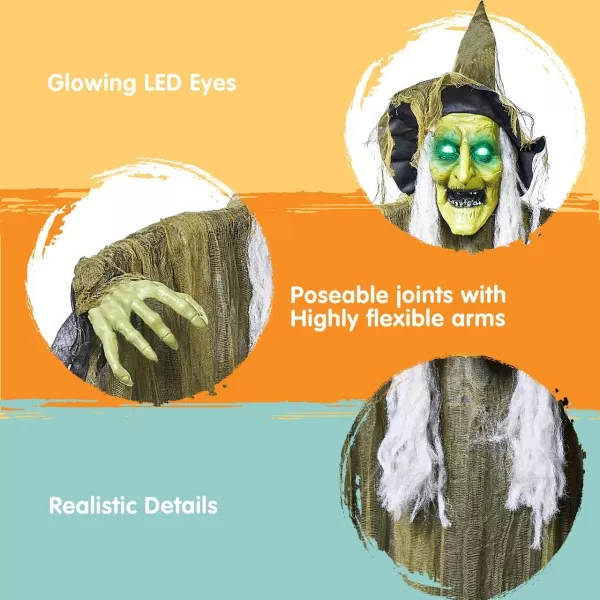 JOYIN 67quot Hanging Witch Decor Halloween Decorations Outdoor Talking Flying Witch Haunted House Party Supplies Sound Activated Light Up Eyes Brown Ragged Robe Green Face Yard Garden Front Porch Door