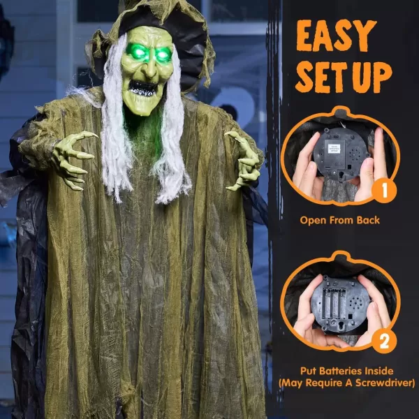 JOYIN 67quot Hanging Witch Decor Halloween Decorations Outdoor Talking Flying Witch Haunted House Party Supplies Sound Activated Light Up Eyes Brown Ragged Robe Green Face Yard Garden Front Porch Door