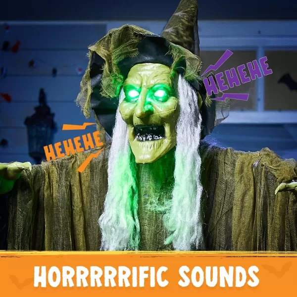 JOYIN 67quot Hanging Witch Decor Halloween Decorations Outdoor Talking Flying Witch Haunted House Party Supplies Sound Activated Light Up Eyes Brown Ragged Robe Green Face Yard Garden Front Porch Door