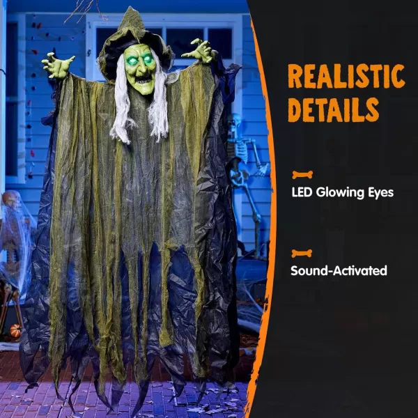 JOYIN 67quot Hanging Witch Decor Halloween Decorations Outdoor Talking Flying Witch Haunted House Party Supplies Sound Activated Light Up Eyes Brown Ragged Robe Green Face Yard Garden Front Porch Door