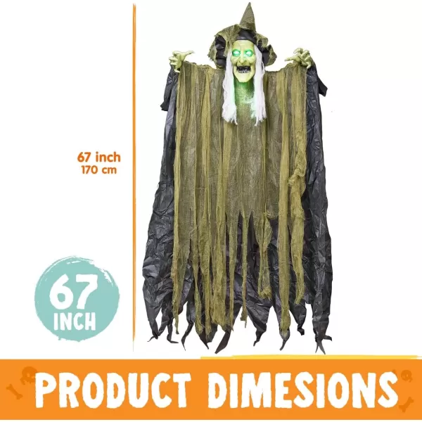 JOYIN 67quot Hanging Witch Decor Halloween Decorations Outdoor Talking Flying Witch Haunted House Party Supplies Sound Activated Light Up Eyes Brown Ragged Robe Green Face Yard Garden Front Porch Door