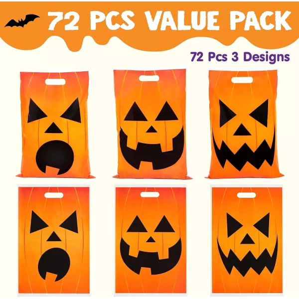 JOYIN 72 Pcs Halloween Goodie Bags Pumpkin Plastic Candy Bags for Kids Trick or Treating Halloween Jack o Lantern Trick or Treat Bags for Halloween Snacks Party Favors Treats Party Supplies