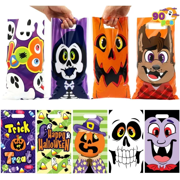 JOYIN 90 Pcs Halloween Treat Bags Halloween Plastic Goodie Bags with 9 Character Designs Halloween Candy Bags for Kids TrickorTreating Halloween Party Favors Halloween Treats and Gift