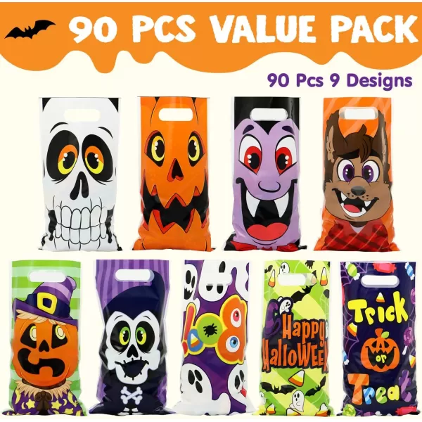 JOYIN 90 Pcs Halloween Treat Bags Halloween Plastic Goodie Bags with 9 Character Designs Halloween Candy Bags for Kids TrickorTreating Halloween Party Favors Halloween Treats and Gift