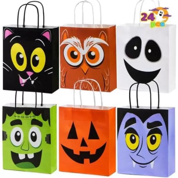 JOYIN 24 Pcs Halloween Colorful Bags with Handles Paper Gift Bags for TrickorTreating Halloween Party Favors and Supplies Halloween Goodie Bags Halloween Candy Bags