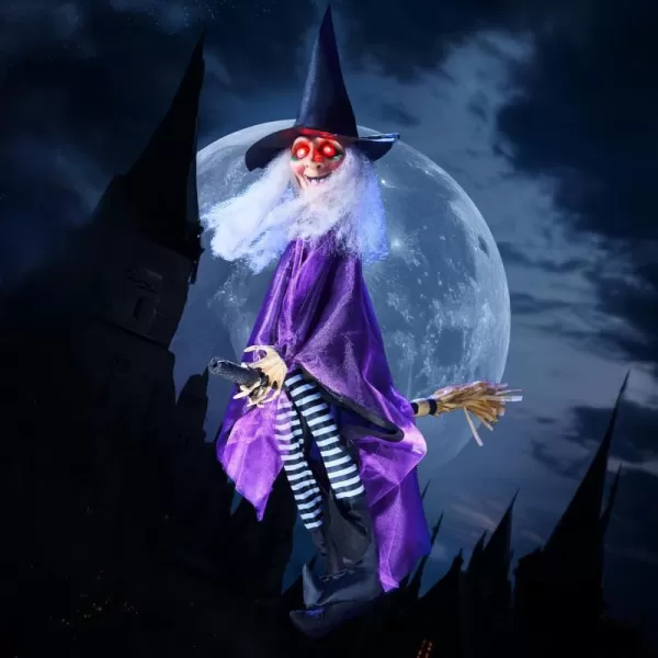 JOYIN 41 Hanging Witch Halloween Decorations Outdoor Animated Flying Witch Halloween Decor on Broom Kicking Legs Haunted House Front Porch Sound Activated Light Up Eyes Garden Yard Halloween Party